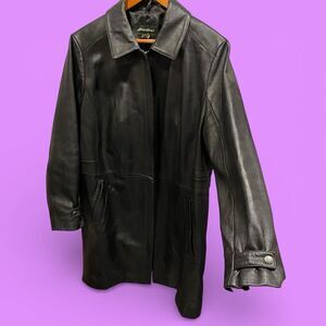Cool vintage Eddie Bauer black heavy pebble leather long leather jacket pockets